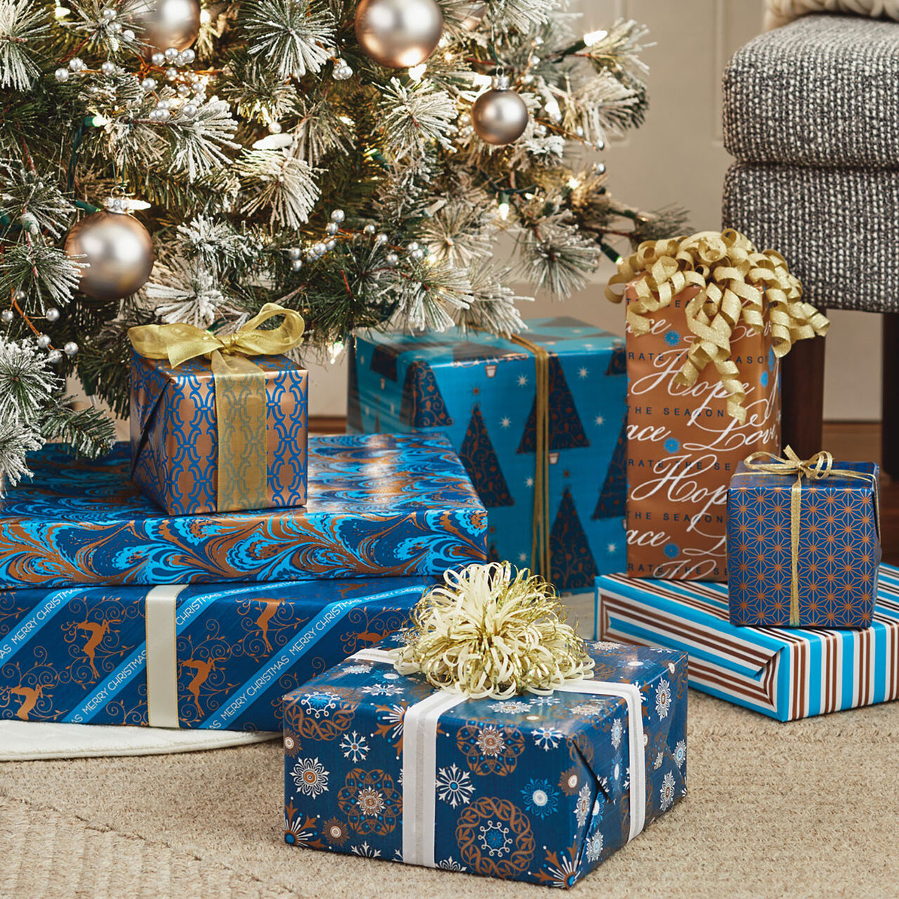 Blue and Gold Holiday Reversible Wrapping Paper  image number 1