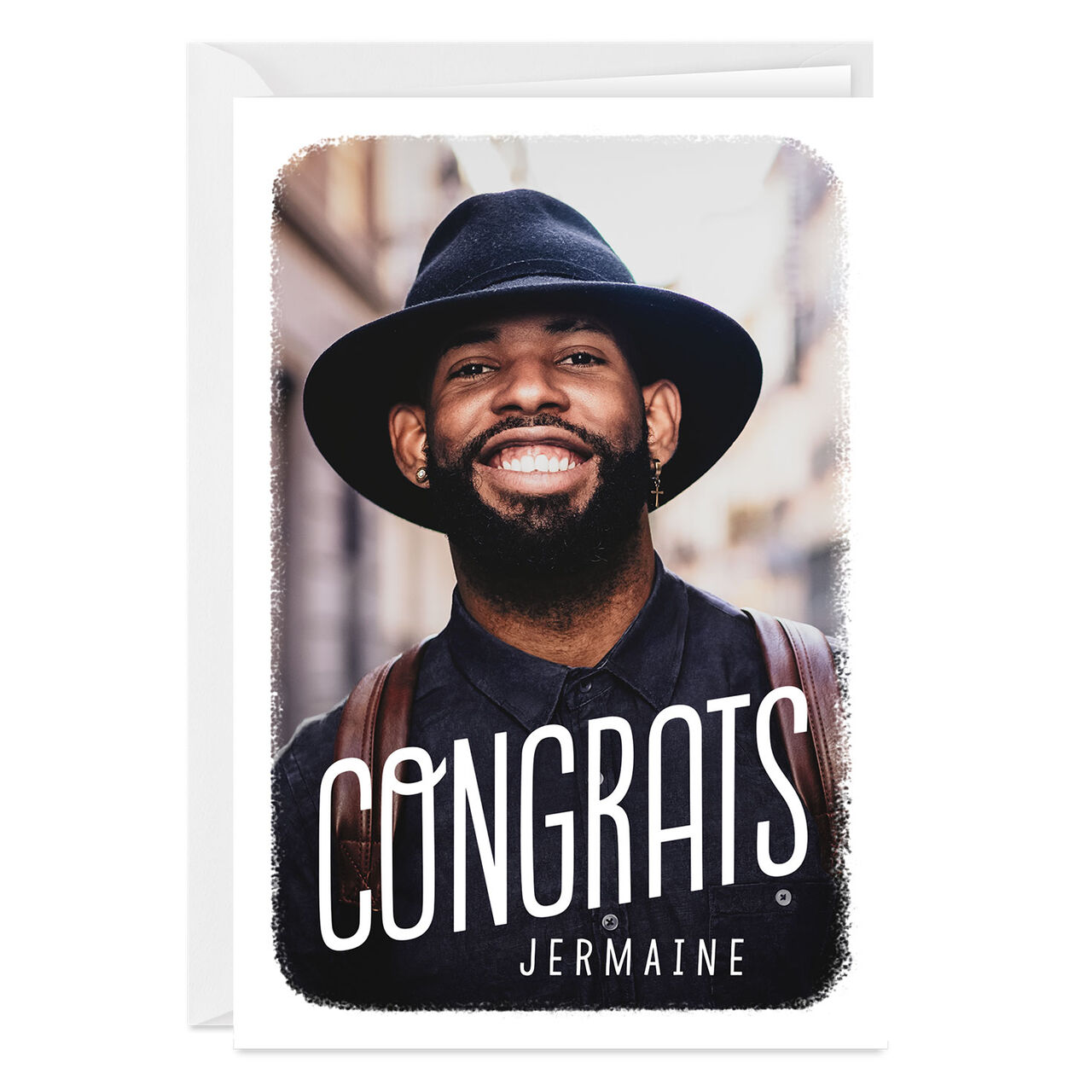Personalized White Outline Congratulations Photo Card  image number 0