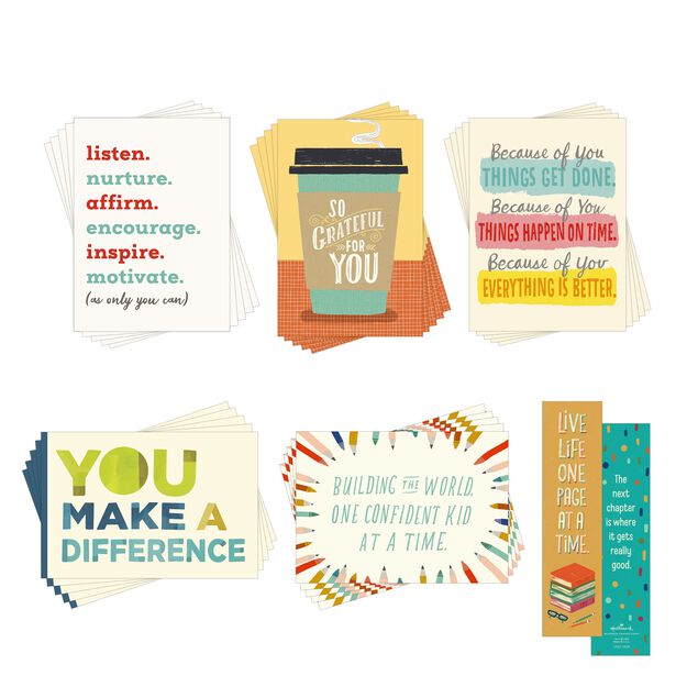Teacher Appreciation Assorted Gift Sets - Affirming Cards & Bookish Bookmarks Set of 25 (50 items)