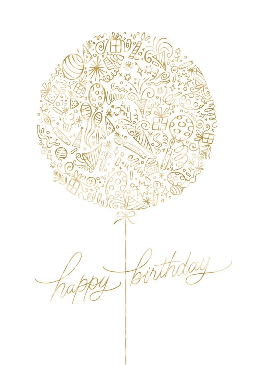 Illustrated Gold Foil Balloon Happy Birthday Card