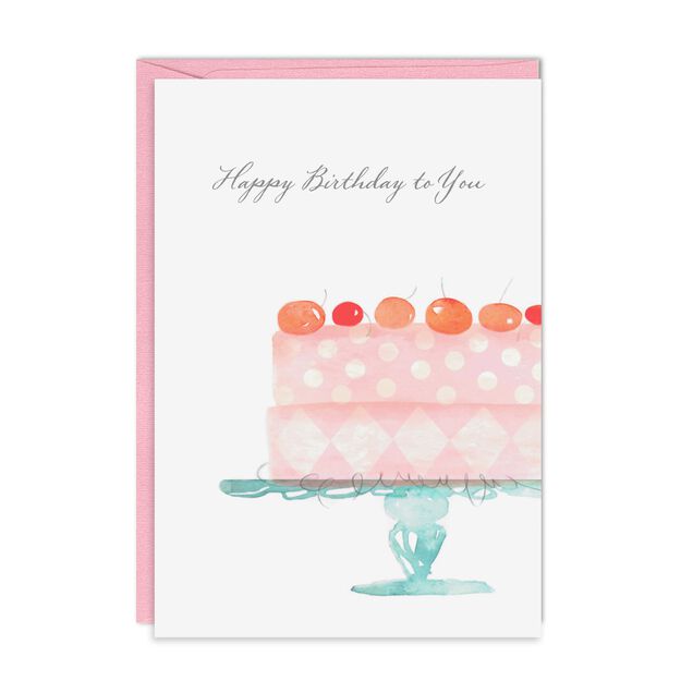 Pink Cake & Cherries Happy Birthday Card