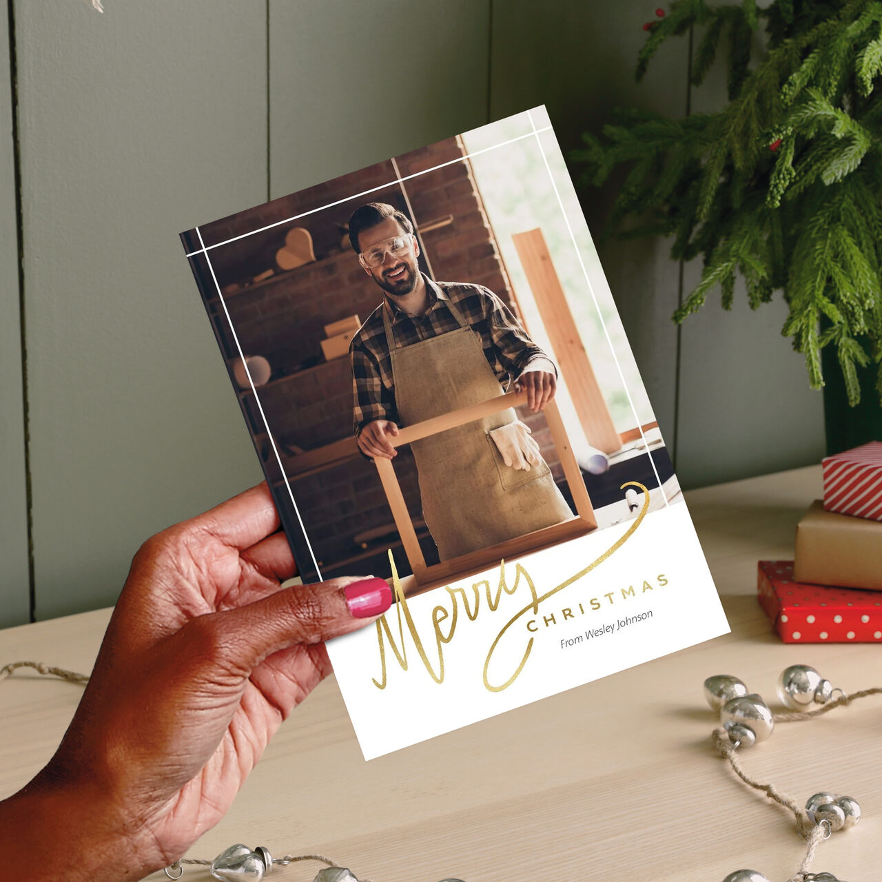 Oversize Script Foil Merry Christmas Photo Card image number 1