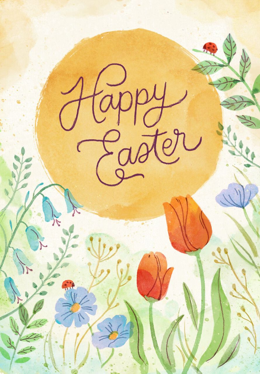 Watercolor Flowers & Sun Easter Card