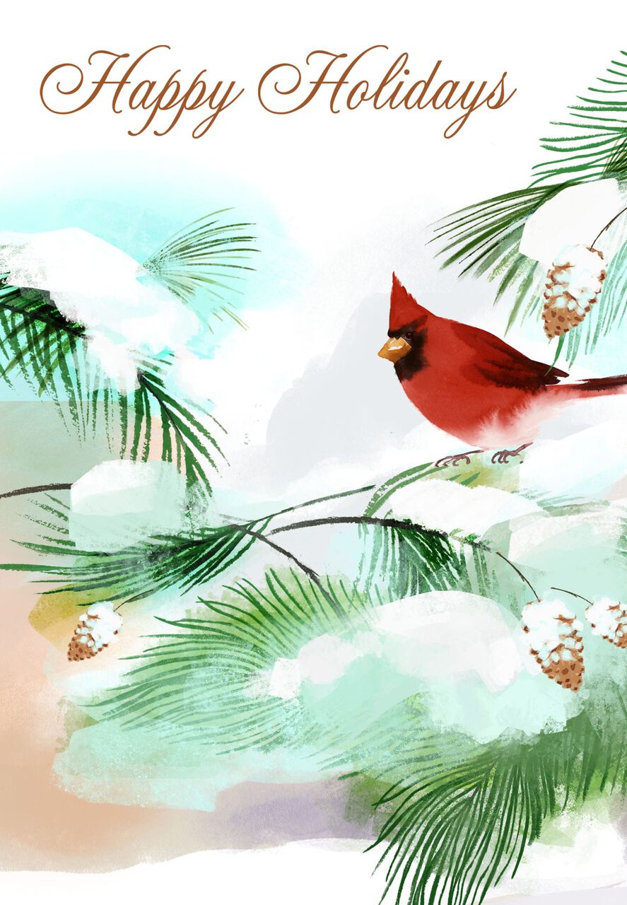 Watercolor Cardinals Happy Holidays Card
