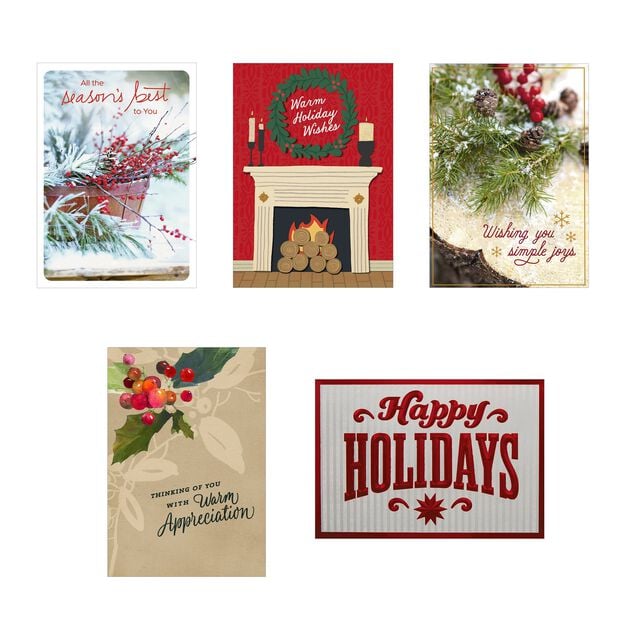 Warm Holiday Wishes Fireplace Assorted Happy Holidays Cards 50 Pack
