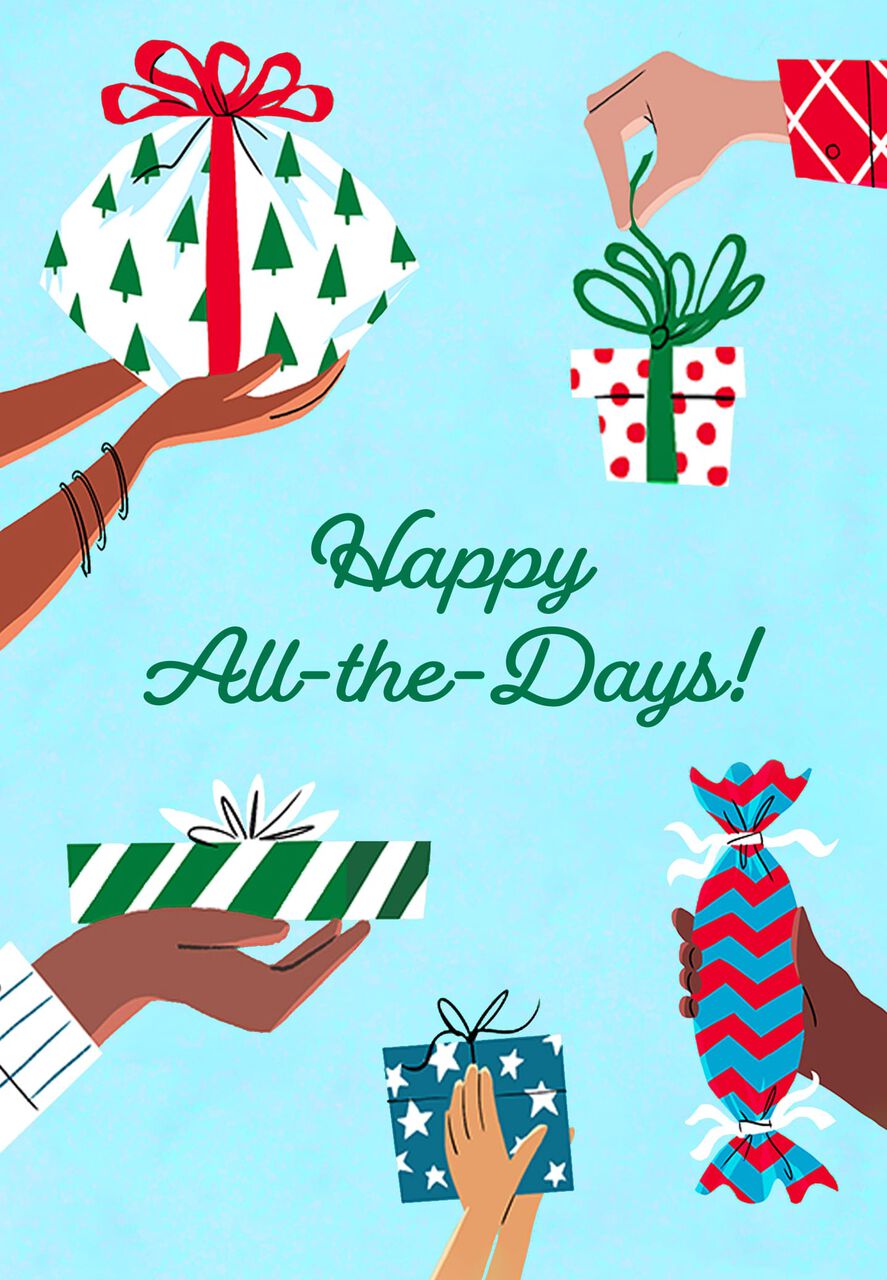 Hands with Holiday Gifts Multicultural Happy Holidays Card