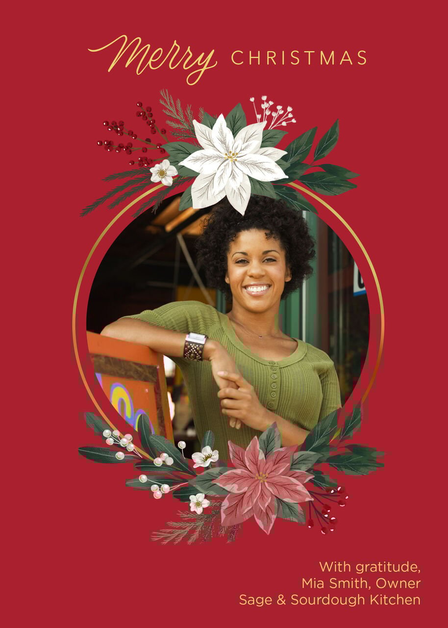 Seasonal Poinsettia Wreath Merry Christmas Photo Card