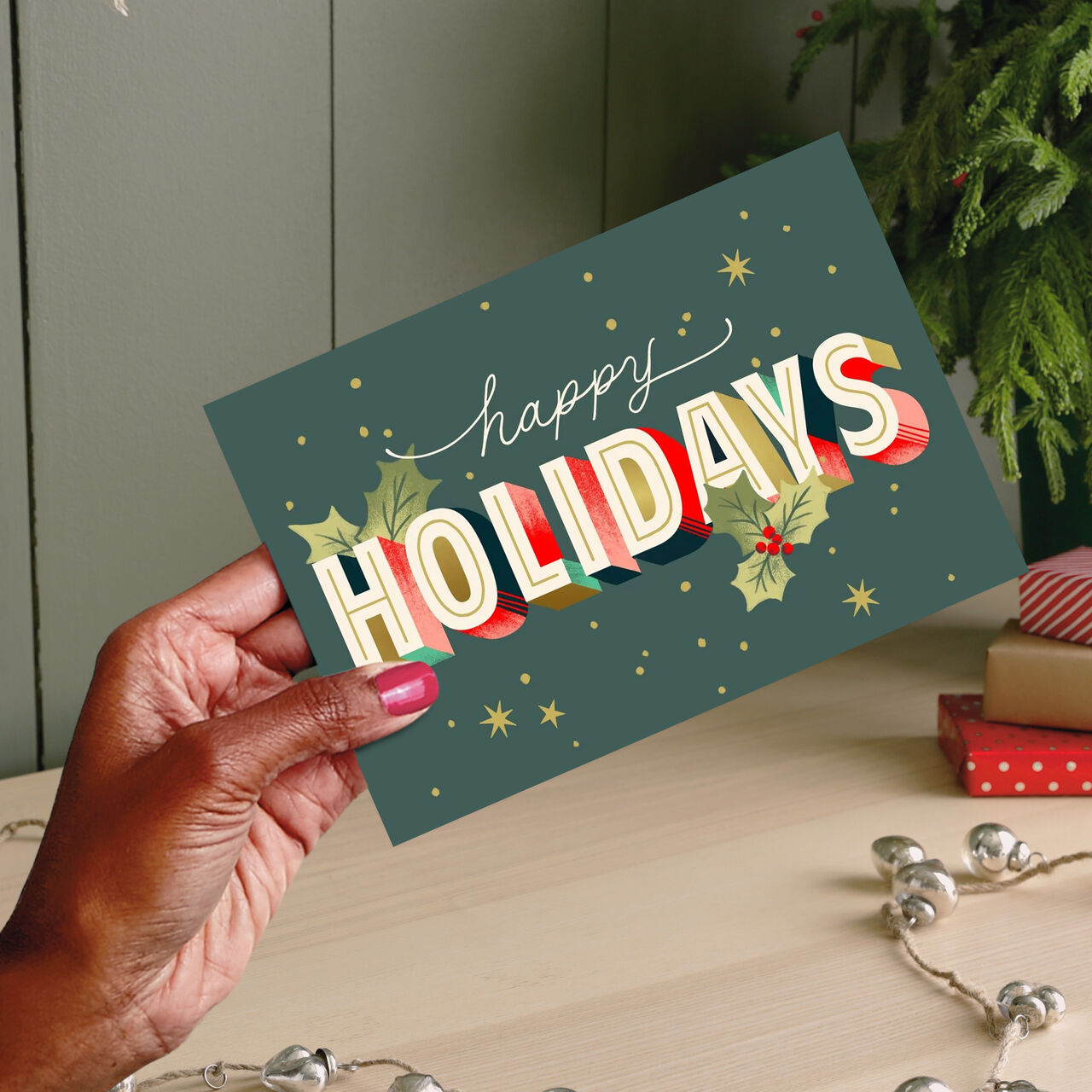 Lettering & Holly Happy Holidays Cards image number 1