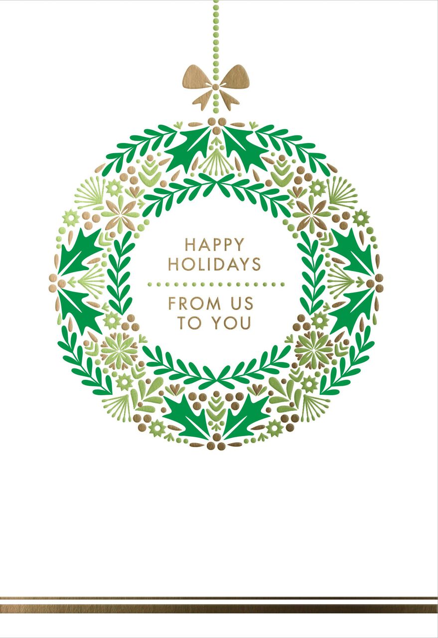 Gold & Green Wreath From Us Happy Holidays Card