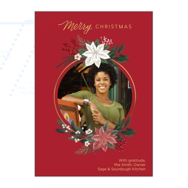 Seasonal Poinsettia Wreath Merry Christmas Photo Card