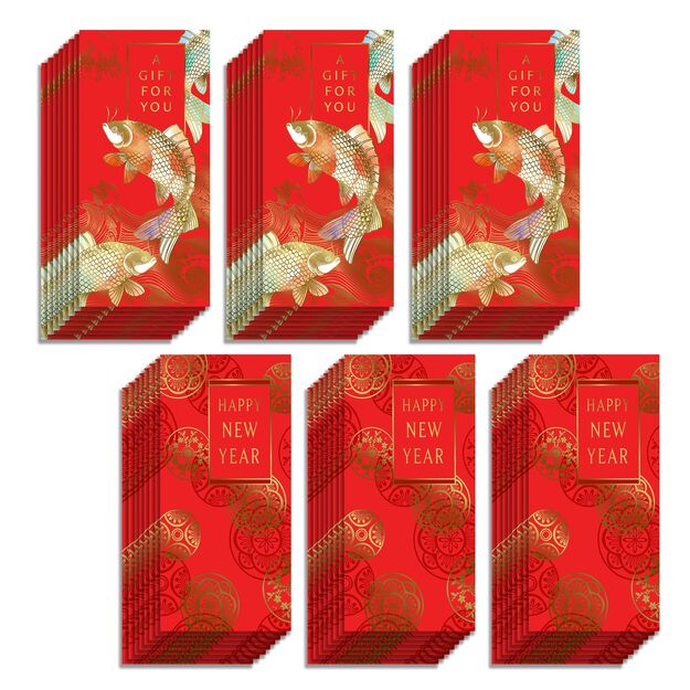 Assorted Happy New Year and Golden Koi Fish Lai See Red Envelopes 48 Pack