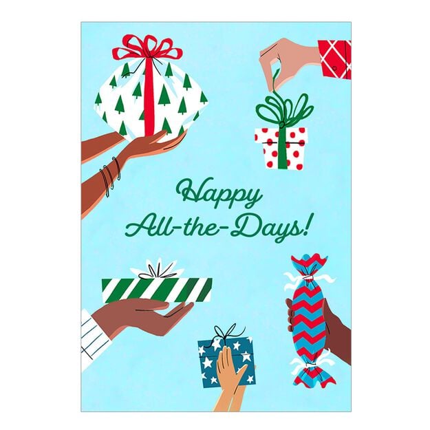 Hands with Holiday Gifts Multicultural Happy Holidays Card