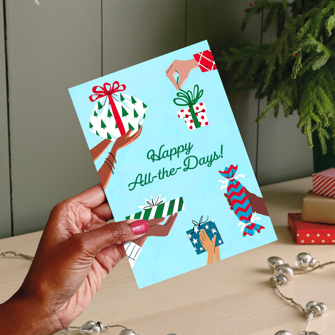 Hands with Holiday Gifts Multicultural Happy Holidays Card image number 1