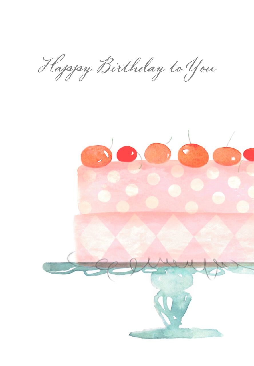 Pink Cake & Cherries Happy Birthday Card