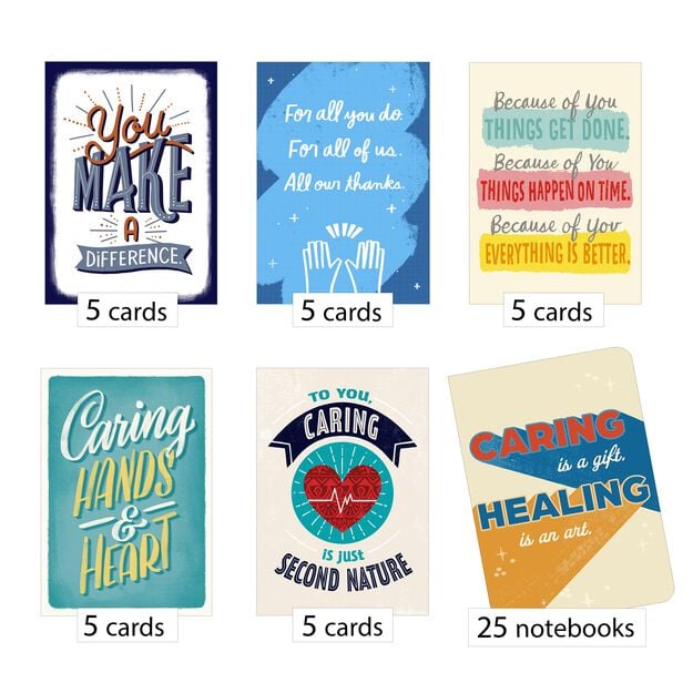 Caring & Healing Assorted Medical Staff Appreciation Notebook & Card Gift Bundles Set of 25 (50 Items)
