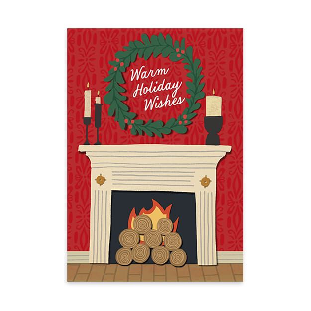 Warm Holiday Wishes Fireplace Holiday Card