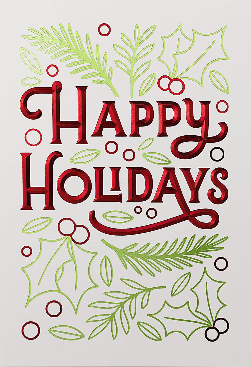 Green & Red Holly Happy Holidays Card