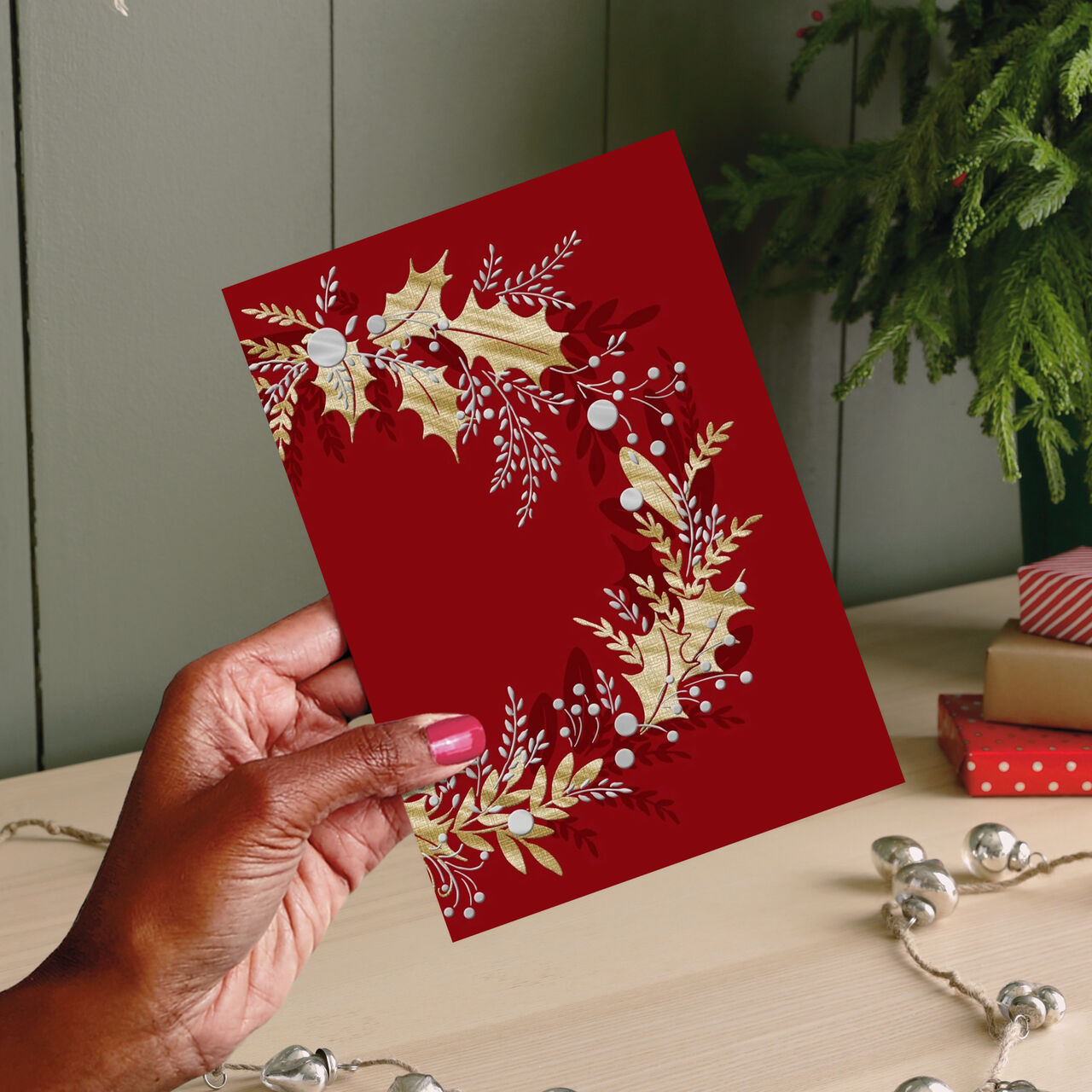 Gold & Silver Wreath Premium Holiday Card image number 1