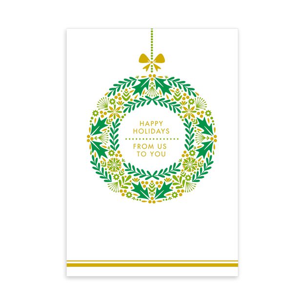 Gold & Green Wreath From Us Happy Holidays Card