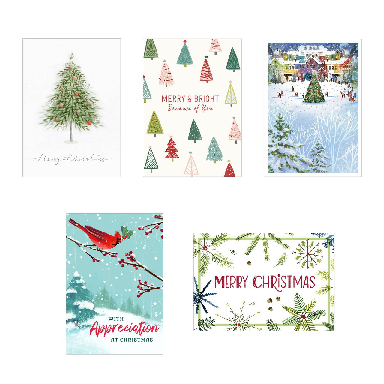 Merry & Bright Colorful Trees Assorted Christmas Cards 100 Pack image number 0