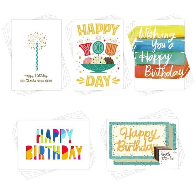 Cake, Candles & Color Assorted Employee Birthday Cards 25 Pack
