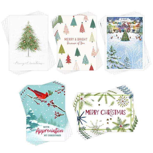 Merry & Bright Colorful Trees Assorted Christmas Cards 25 Pack