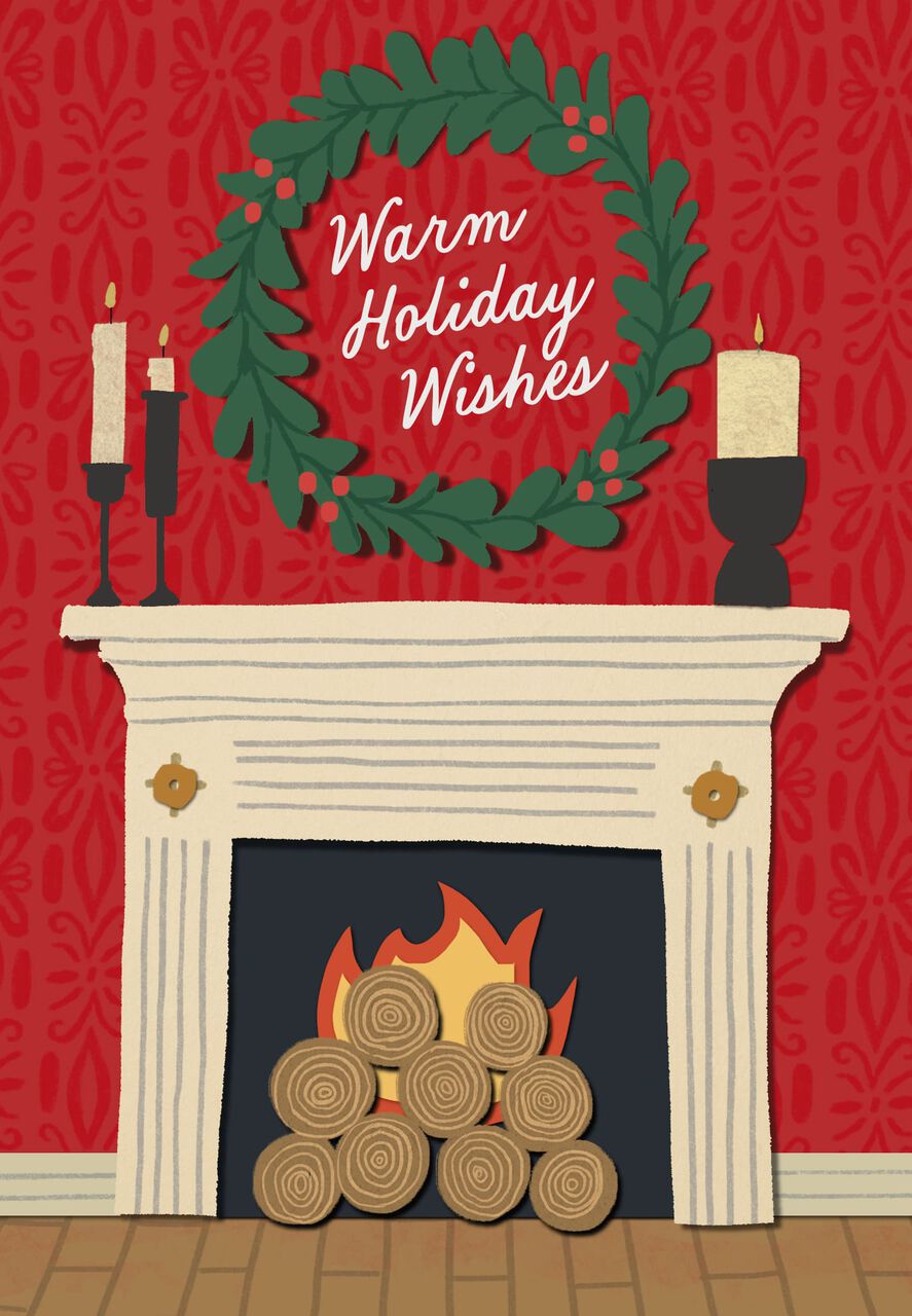Warm Holiday Wishes Fireplace Holiday Card