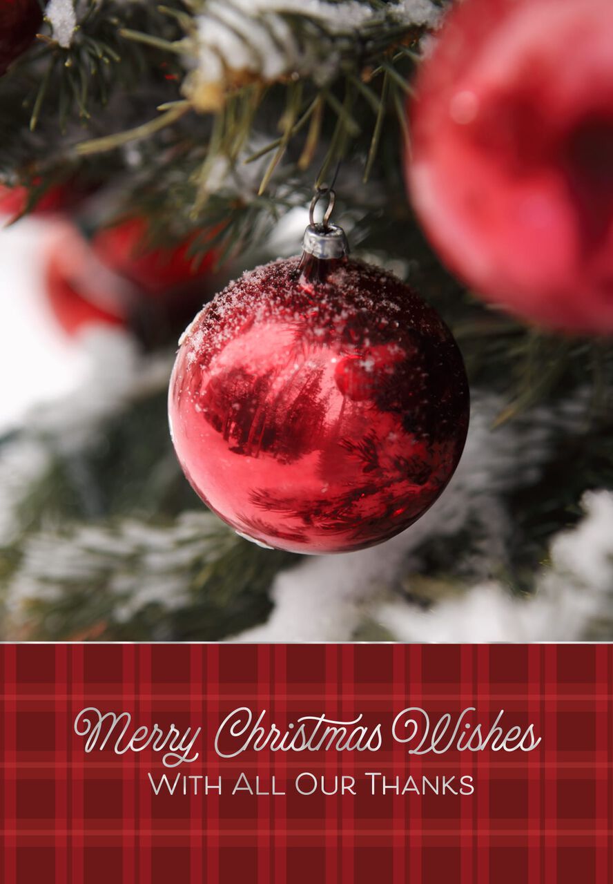 All Our Thanks Red Ornaments Christmas Card